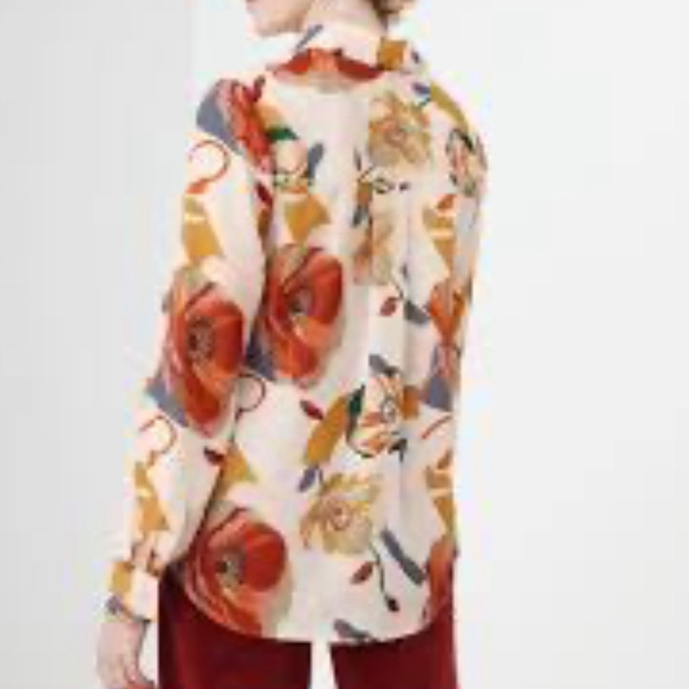 CLEO Floral Print Women's Top relaxed fit crepe blouse button up cream brown XL - Picture 4 of 14